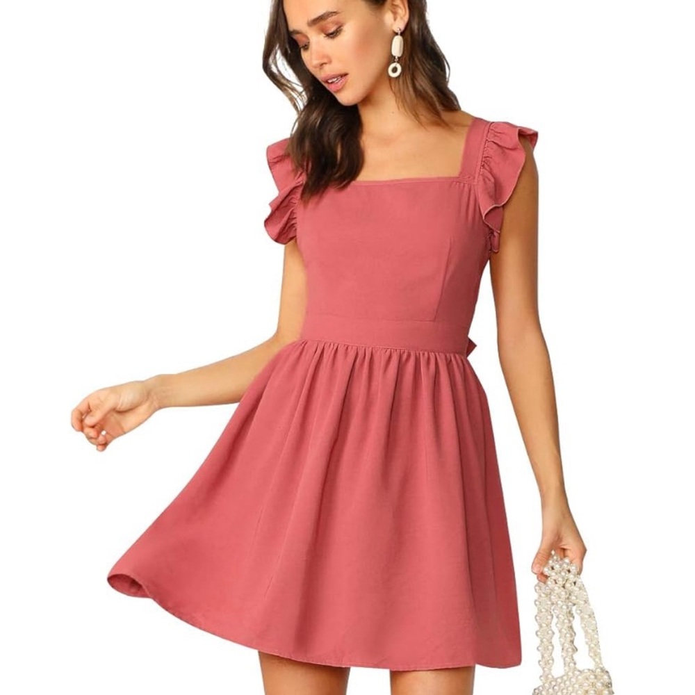 Amazon Romwe Tie Back Ruffle Strap A Line FitFlare